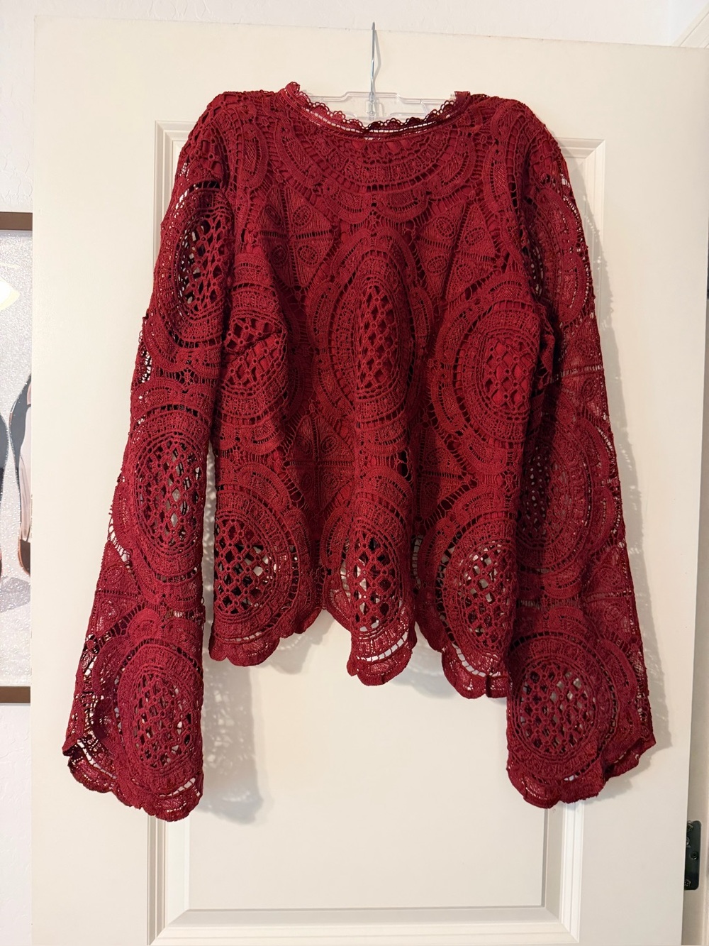 Ultra Pink Burgundy Crochet Lace Long-Sleeve Top